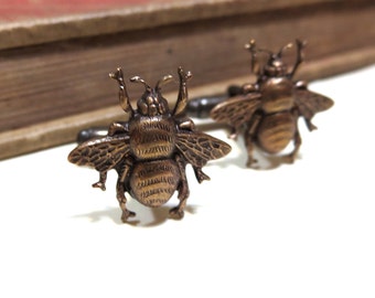 Bumble Bee Cufflinks - Honey Bee - Antiqued Brass / Brass Ox Cuff Links - Soldered