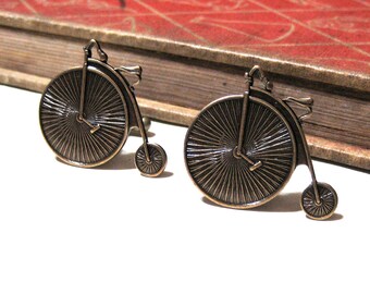 High Wheel Bicycle Cuff Links - Antiqued Brass Bike Cuff Links - Victorian - Steampunk - I heart Biking - Soldered - Penny Farthing