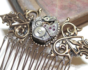 Night on the Town - Vintage Watch Movement with Real Rubies Hair Comb