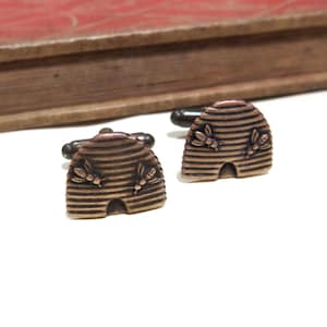 Antiqued Brass Beehive Cufflinks - Bee Bumblebee Honeybee Cuff Links - Soldered - Urban Farm Honey Bee