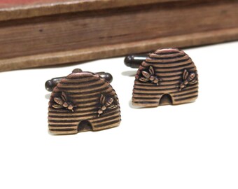 Antiqued Brass Beehive Cufflinks - Bee Bumblebee Honeybee Cuff Links - Soldered - Urban Farm Honey Bee