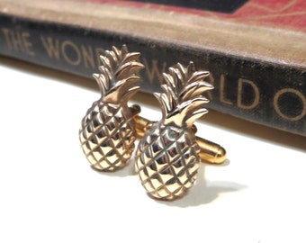Raw Brass Pineapple Cuff Links - Tropical Fruit Beach Wedding Cufflinks Soldered
