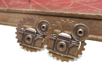 Antique Brass Camera Cufflinks - Gold Plated - Cuff Links - Antiqued Brass - Photographer - Soldered