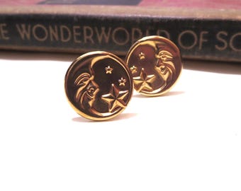 Raw Brass Moon and Stars Cufflinks - Space Cuff links - Man in the Moon - Science Cufflinks - Astronomy Cufflinks - Gold Cuff links NASA