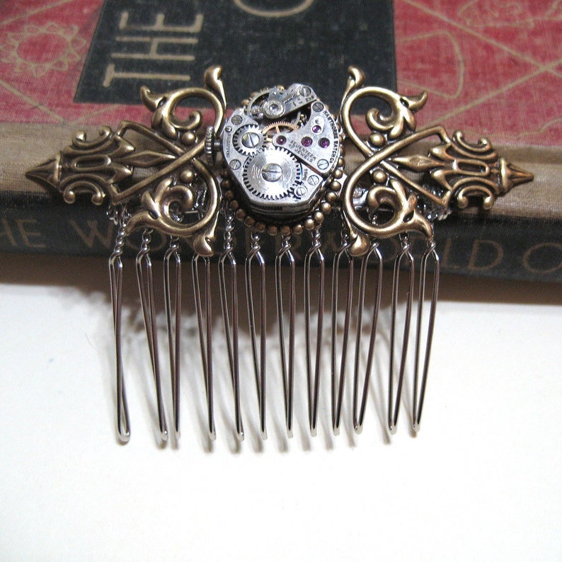 Night on the Town Vintage Watch Movement with Real Rubies Hair Comb image 2