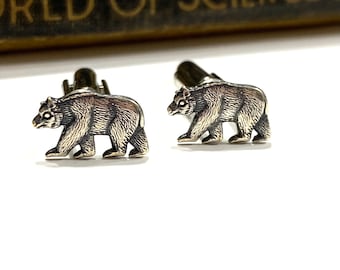 Antiqued Silver Brass Bear Cuff Links - Grizzly Bear - Brown Bear - Black Bear - Cufflinks - Soldered - Wilderness - Wedding California