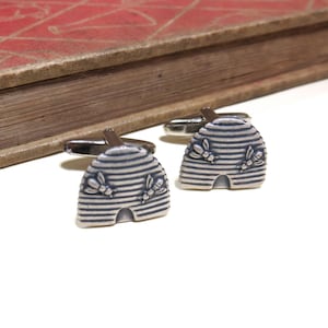 Antiqued Silver Beehive Cufflinks - Bee Bumblebee Honeybee Cuff Links - Soldered - Urban Farm Honey Bee