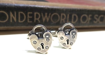 Antique Silver Padlock Cuff Links - Heart Working Lock Love Cufflinks - Antiqued Silver - Soldered Wedding Anniversary