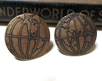 Globe Cufflinks - World - Earth - Globe Trotter - Traveler - Traveling - Antiqued Brass / Brass Ox Cuff Links - Soldered