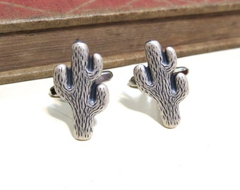 Antique Silver Cactus Cuff Links - Wedding Cufflinks Soldered - Desert Arizona New Mexico Tribal South West Texas Antiqued Southwest Coral