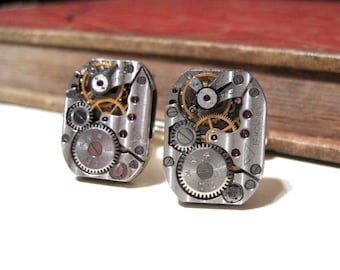 Rectangular Steampunk Vintage USSR Watch Movement Cuff Links - 17 Jewel Ruby - Cufflinks - Soldered