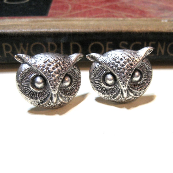 Antiqued Silver Owl Head Cuff Links - Bird - Avian - nocturnal - hoot - Soldered