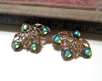 Vintage Peacock Feather Clip On Earrings - New Old Stock