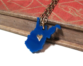 West Virginia Love Necklace - West Virginia University - WVU - Blue with Gold Heart