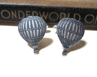 Hot Air Balloon Cuff Links - Antiqued Silver - Fly Away with Me - Steampunk - World's Fair - Victorian - Soldered