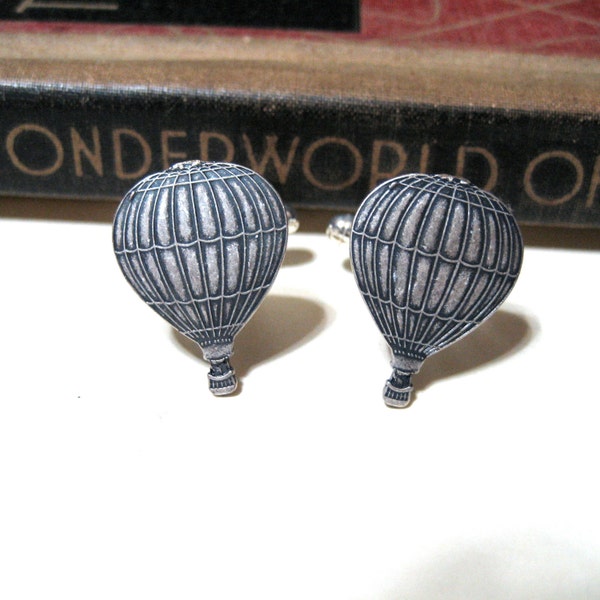 Hot Air Balloon Cuff Links - Antiqued Silver - Fly Away with Me - Steampunk - World's Fair - Victorian - Soldered