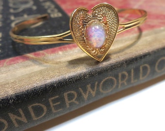 Vintage Brass Heart Harlequin Opal Cuff Bracelet - Adjustable - Delicate - Petite - Stacking Bracelet - Bangle - Photo Locket