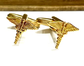 Raw Brass Caduceus Cuff Links - Staff With Snake - Medical Symbol - Nurse - Doctor - Physician - Gold Soldered Cufflinks - Pharmacist Health