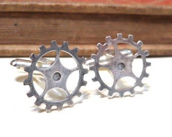 Small Antiqued Silver Gear Cuff Links - Soldered - Steampunk Victorian Antique Silver Cufflinks