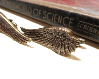 Long Wing Cufflinks - Steampunk Angel Wings - Antiqued Brass / Gold Ox Cuff Links - Soldered