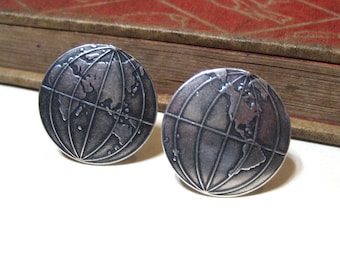 Globe Cufflinks - World - Earth - Globe Trotter - Traveler - Traveling - Antiqued Silver / Silver Ox Cuff Links - Soldered