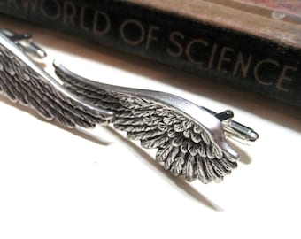 Long Wing Cufflinks - Steampunk Angel Wings - Antiqued Silver / Silver Ox Cuff Links - Soldered