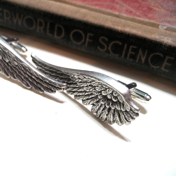 Long Wing Cufflinks - Steampunk Angel Wings - Antiqued Silver / Silver Ox Cuff Links - Soldered