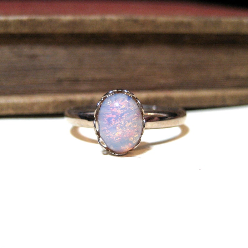 Vintage Pink Harlequin Opal Ring WWII Era Lace / Scalloped Setting Silver Rhodium Plated Adjustable 8x6mm image 2
