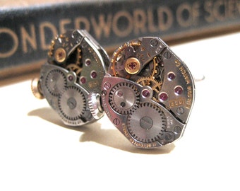 Steampunk Vintage BULOVA Watch Movement Cuff Links - 17 Jewel Ruby - Barrel - Cufflinks - Soldered