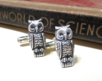 Antiqued Silver Owl Cuff Links - Soldered - Bird Steampunk Victorian Antique Silver Cufflinks