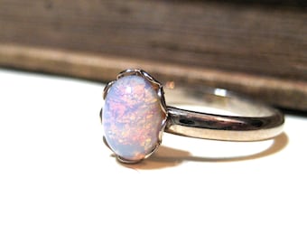 Vintage Pink Harlequin Opal Ring - WWII Era - Lace / Scalloped Setting - Silver - Rhodium Plated - Adjustable - 8x6mm