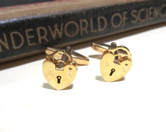 Brass Padlock Cuff Links - Heart Cuff links Working Lock Love Cufflinks - Soldered Wedding Anniversary Gold Padlocks Lock Cufflinks