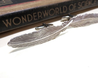 Antiqued Silver Feather Cufflinks - Soldered Cuff Links - long feather cuff links