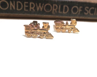 Raw Brass Train Cuff Links - Small Trains Cufflinks - Mens Gift Soldered Conductor Wedding Locomotive  Engine