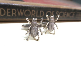 Antiqued Silver Beetle Cuff Links - Egyptian Art Deco Art Nouveau - Soldered Cufflinks