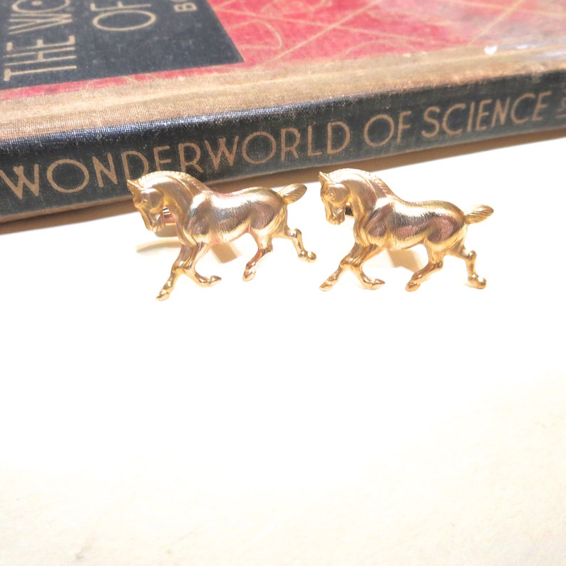 Raw Brass Galloping Horse Cuff Links Wedding Cufflinks Soldered Equestrian Horse Head Equine Antiqued image 2