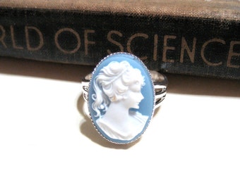 Vintage Light Blue Cameo Ring - Silver Plated - Adjustable - 18x13mm