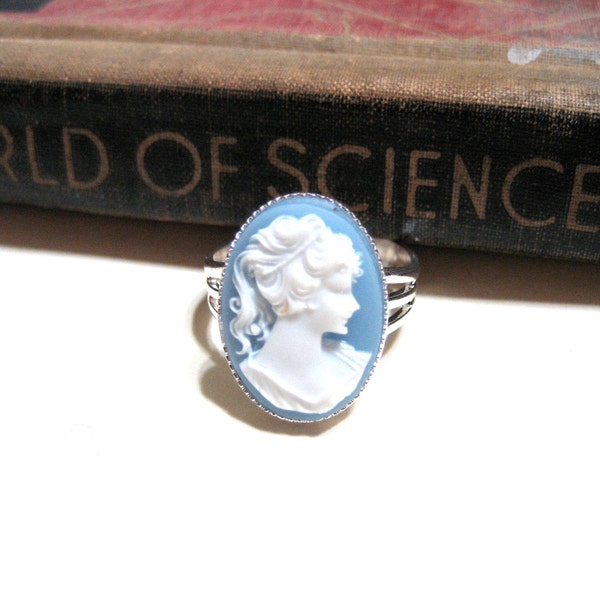 Vintage Light Blue Cameo Ring - Silver Plated - Adjustable - 18x13mm