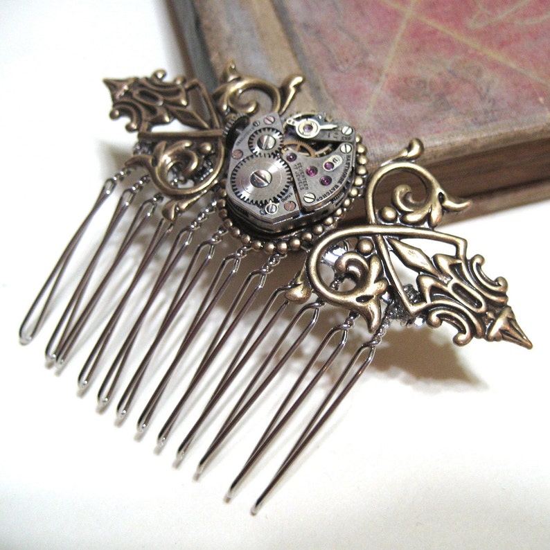 Night on the Town Vintage Watch Movement with Real Rubies Hair Comb image 4