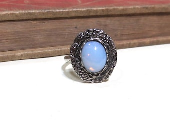 Vintage Milky Pink Harlequin Opal Floral Ring - WWII Era - Lace / Scalloped Setting - Silver - Rhodium Plated - Adjustable - 8x6mm