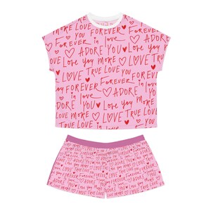 Charming Love-Themed Women Short Pajama Set - Cozy Sleepwear for Valentines Day, Gifts for Her, Adore You Loungewear, Relaxed Fit