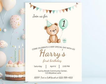 Teddybeer 1e verjaardagsuitnodiging jongen, beer verjaardagsuitnodiging bewerkbare canvassjabloon, afdrukbare eerste verjaardagsuitnodiging