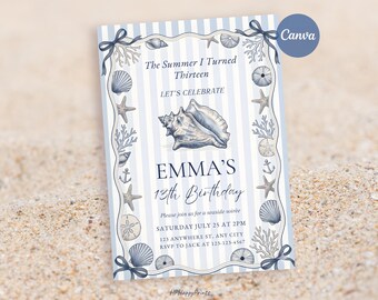 Coastal 13th Birthday Invitation, Summer Birthday Invite, Beach House Party Invitation, Teen Birthday Party, Editable Canva Template