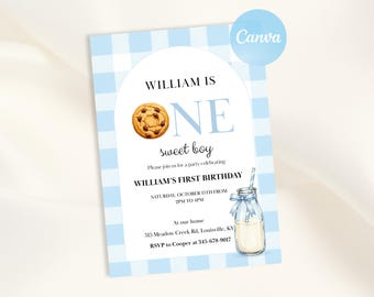 Milk and Cookies 1st Birthday Invitation, One Sweet Cookie Invite, Blue Gingham Birthday Party, Boy First Birthday, Editable Canva Template