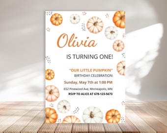 Our Little Pumpkin Birthday Invitation, Pumpkin 1st Birthday Invite, Neutral Fall Birthday, Editable Canva Template, Boy Girl First Birthday