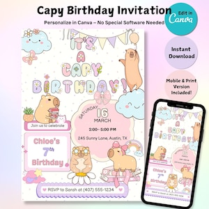 Modèle modifiable d'invitation d'anniversaire Capybara, invitation numérique, fête d'enfants, fête de Capybara, invitation d'animal imprimable, anniversaire de Capy, anniversaire d'enfants