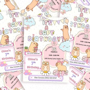 May include: A stack of pastel-colored birthday invitations featuring a capybara theme. Each invitation includes the text "It's a Capy Birthday!" and details for a 7th birthday party, including the date, time, and location.