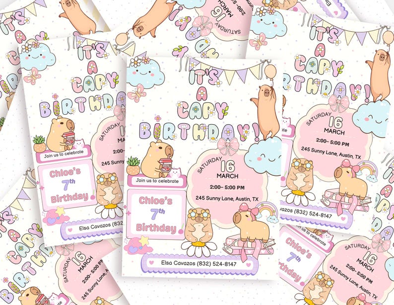 May include: A stack of pastel-colored birthday invitations featuring a capybara theme. Each invitation includes the text "It's a Capy Birthday!" and details for a 7th birthday party, including the date, time, and location.