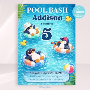 Pool Party Birthday Invitation, Penguin Summer Invite, Editable Canva Template, Kids Pool Bash, Boy Girl Birthday