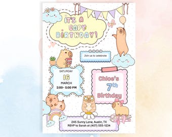 Capybara Birthday Invitation | Editable Canva Template | Capybara Party Invite for Girls | Digital Download
